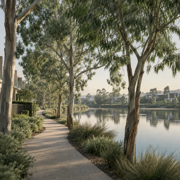 Tree-lined walking path beside a lake in a modern planned community