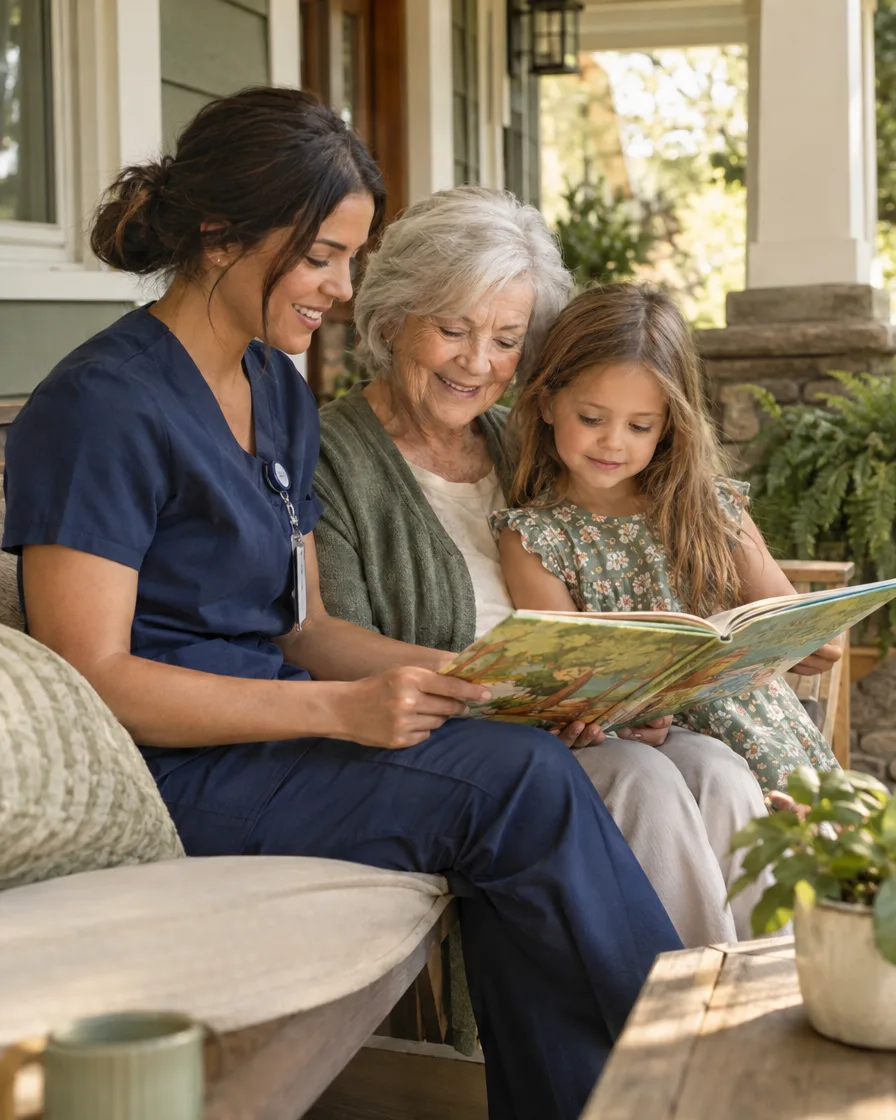 Caregiver with an elderly woman and her granddaughter reading together on a porch