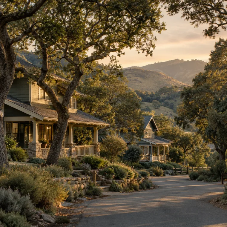 Craftsman-style homes and oak trees in a master-planned village at golden hour