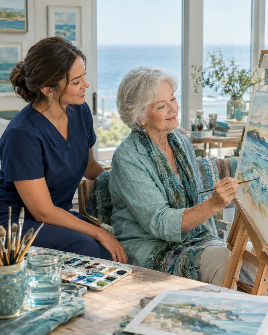Caregiver and elderly woman painting watercolors at an easel by an ocean-view window