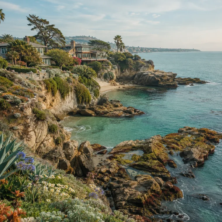 Rocky coastal cove with turquoise water and cliffside homes