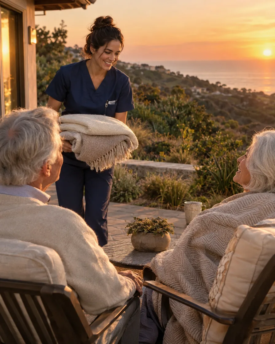 Caregiver and elderly couple enjoying a sunset view from a hillside patio