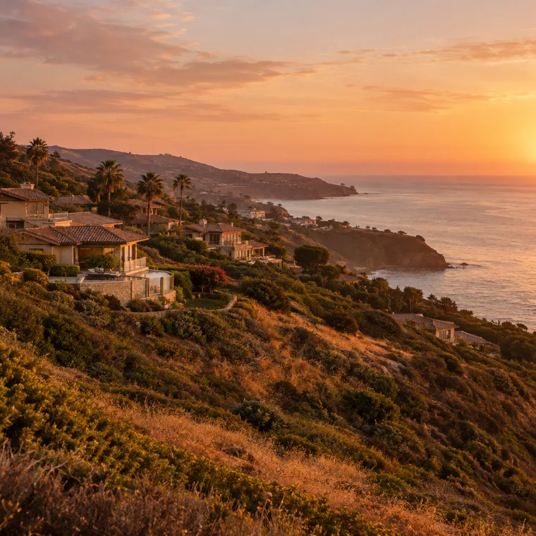 Golden coastal hills at sunset with a distant view of the ocean