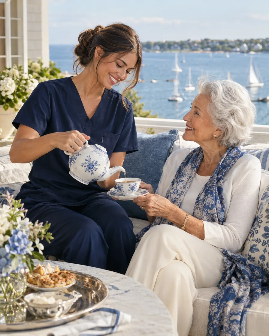 Certified nursing assistant serving tea to an elderly woman on a harbor-view terrace