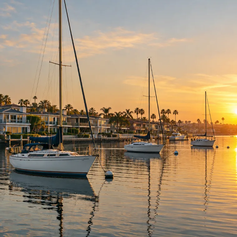 Sailboats moored in a calm Southern California harbor at golden hour