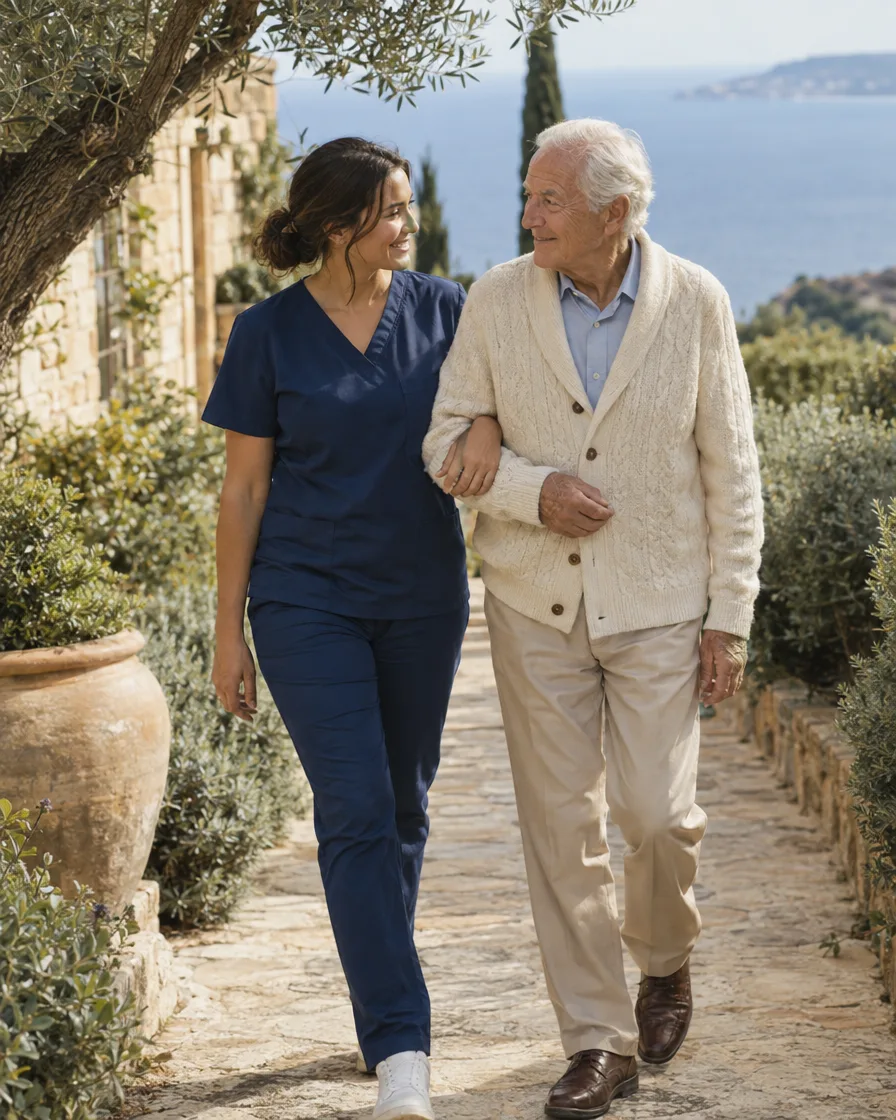 Caregiver walking arm in arm with an elderly man through a Mediterranean estate garden