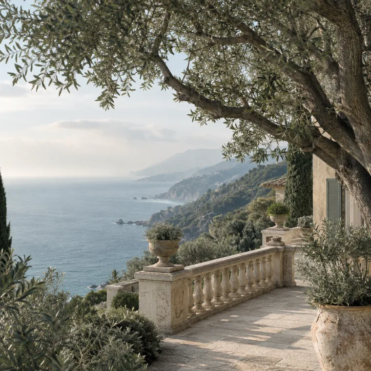 Mediterranean villa terrace with olive trees above the Pacific Ocean