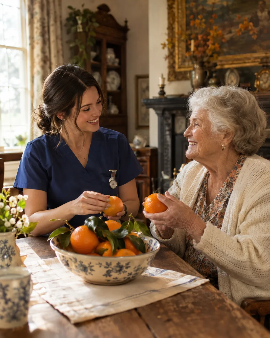 Caregiver and elderly woman peeling oranges at a vintage kitchen table