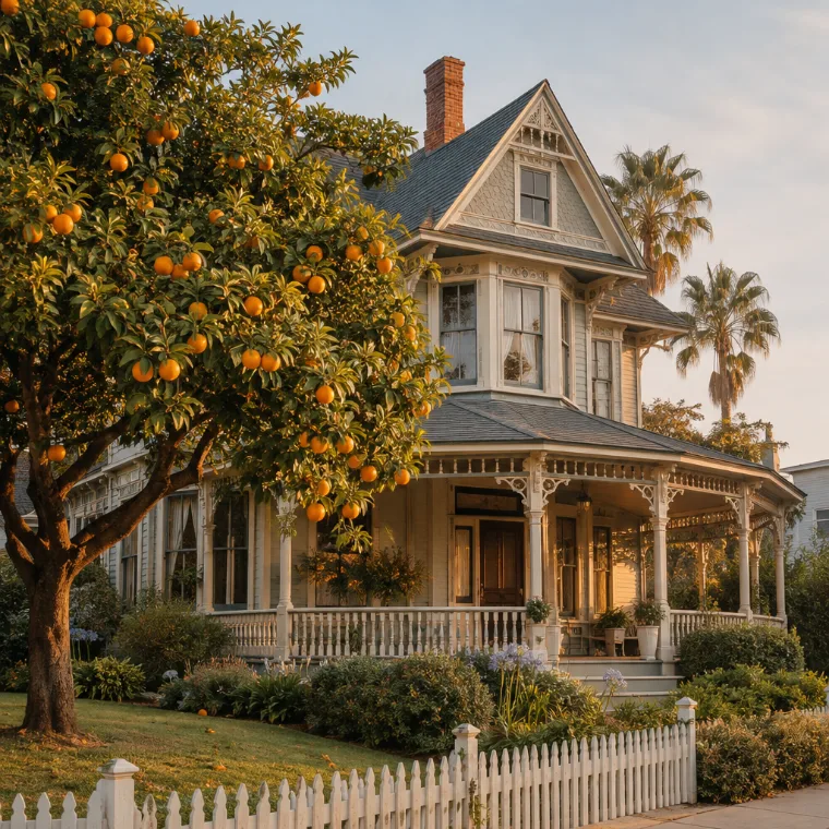 Victorian house with a wraparound porch and an orange tree