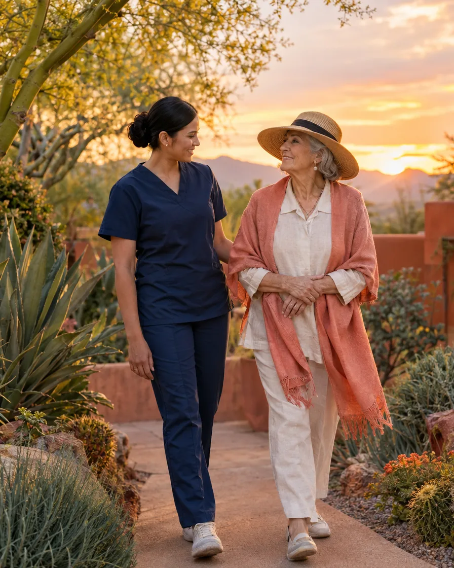 Caregiver and elderly woman walking past desert gardens at sunset
