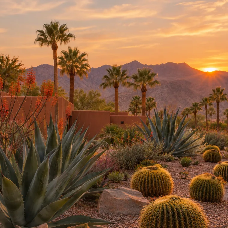 Desert garden with agave and palms glowing at sunset against mountains