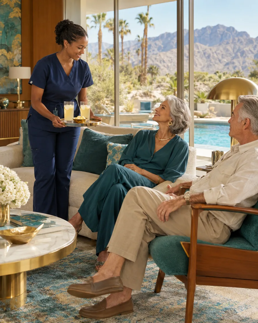Caregiver and elderly couple in a mid-century modern living room with a pool view