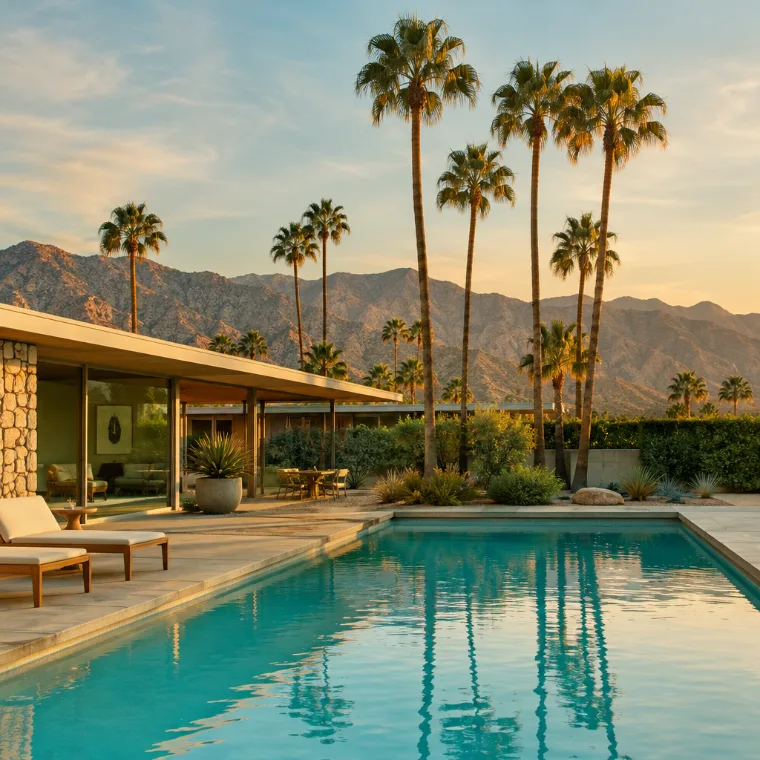 Mid-century modern home with a turquoise pool and palm trees against mountains