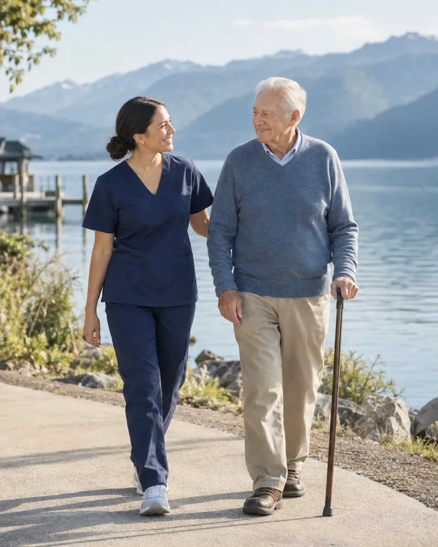 Caregiver walking with an elderly man along a lakeside path with mountains beyond