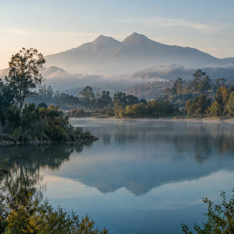 Calm lake with a mountain backdrop in the early morning