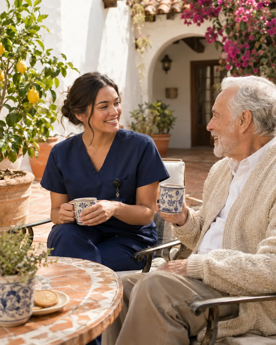 Caregiver and elderly man in a sunlit Spanish-style courtyard with terracotta tile