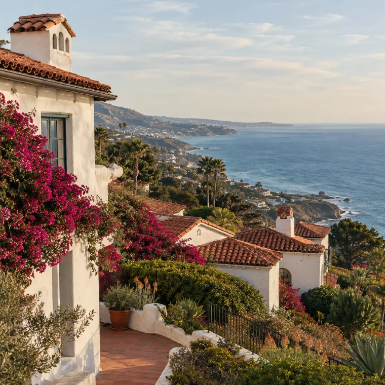 Spanish Colonial home with white walls and red tile roof near the ocean