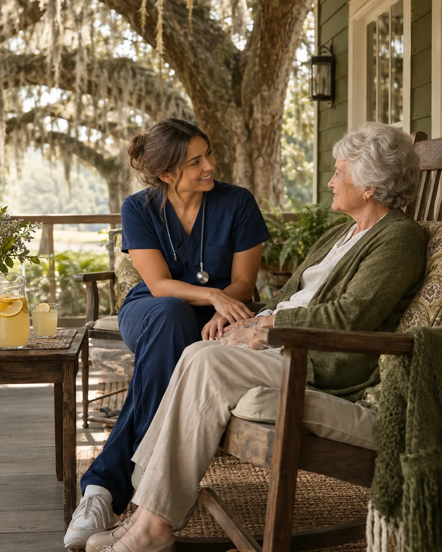 Caregiver and elderly woman on a wooden porch shaded by old oak trees