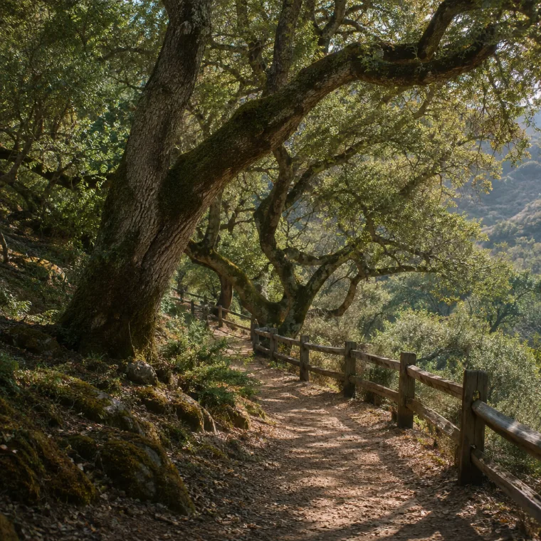 Sunlight through coast live oak trees in a quiet canyon