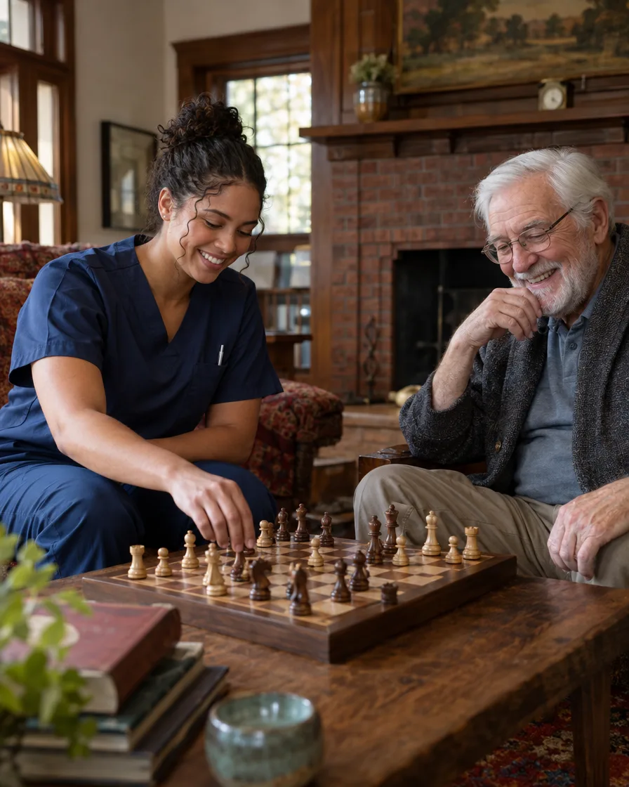 Caregiver and elderly man playing chess in a cozy craftsman living room