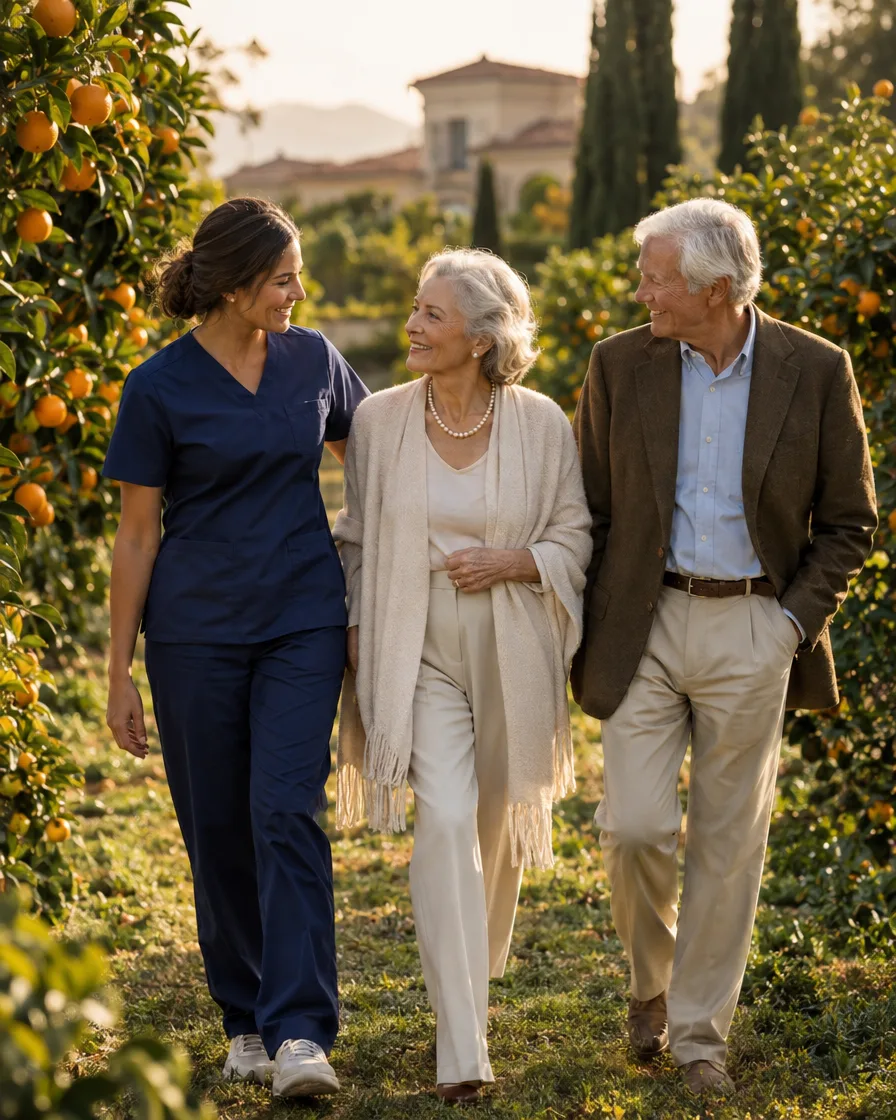 Caregiver and elderly couple walking through a private citrus grove