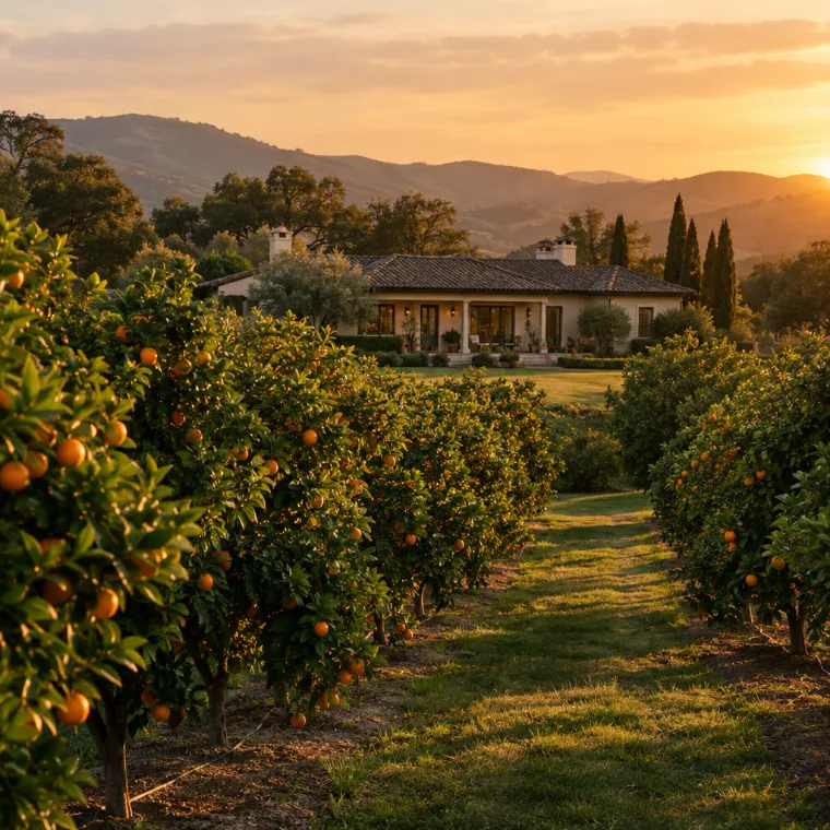 Rows of orange trees on a private estate at golden hour