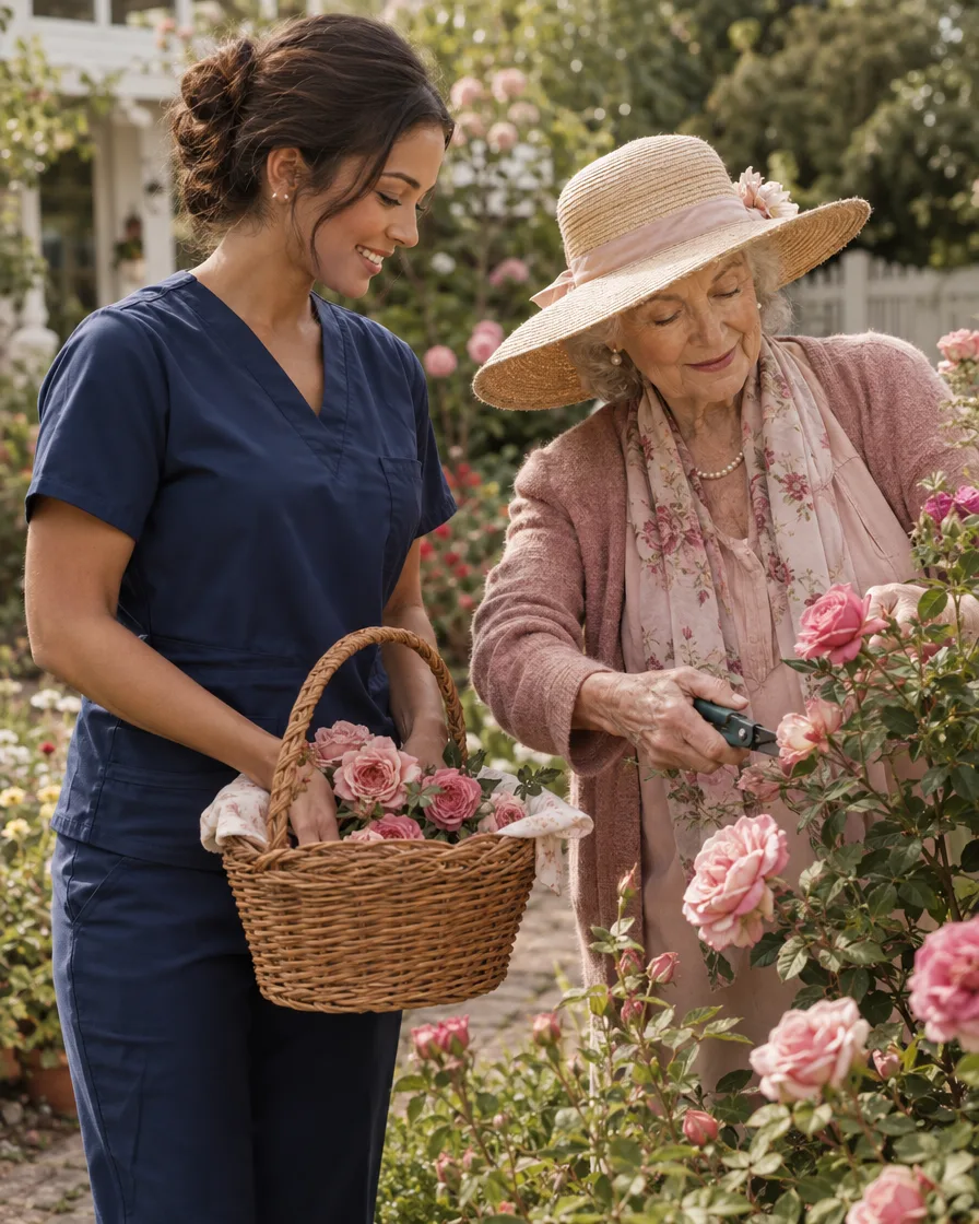 Caregiver and elderly woman cutting roses in a backyard garden