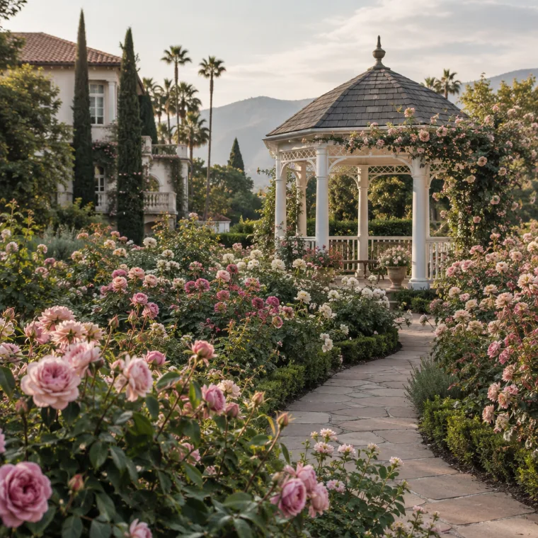 Rose garden in full bloom with a white gazebo