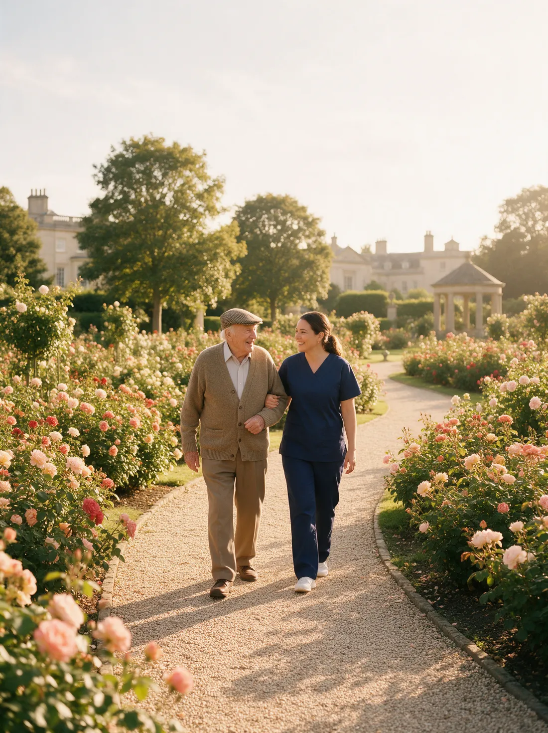 CNA walking arm in arm with a senior gentleman through a rose garden