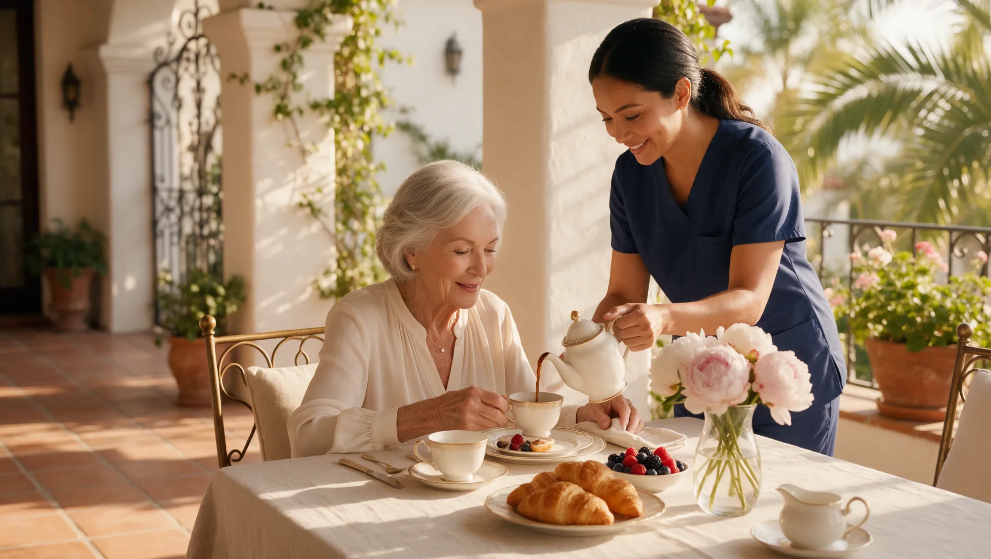 Premium Care CNA serving breakfast to an elegant senior on a sunlit veranda