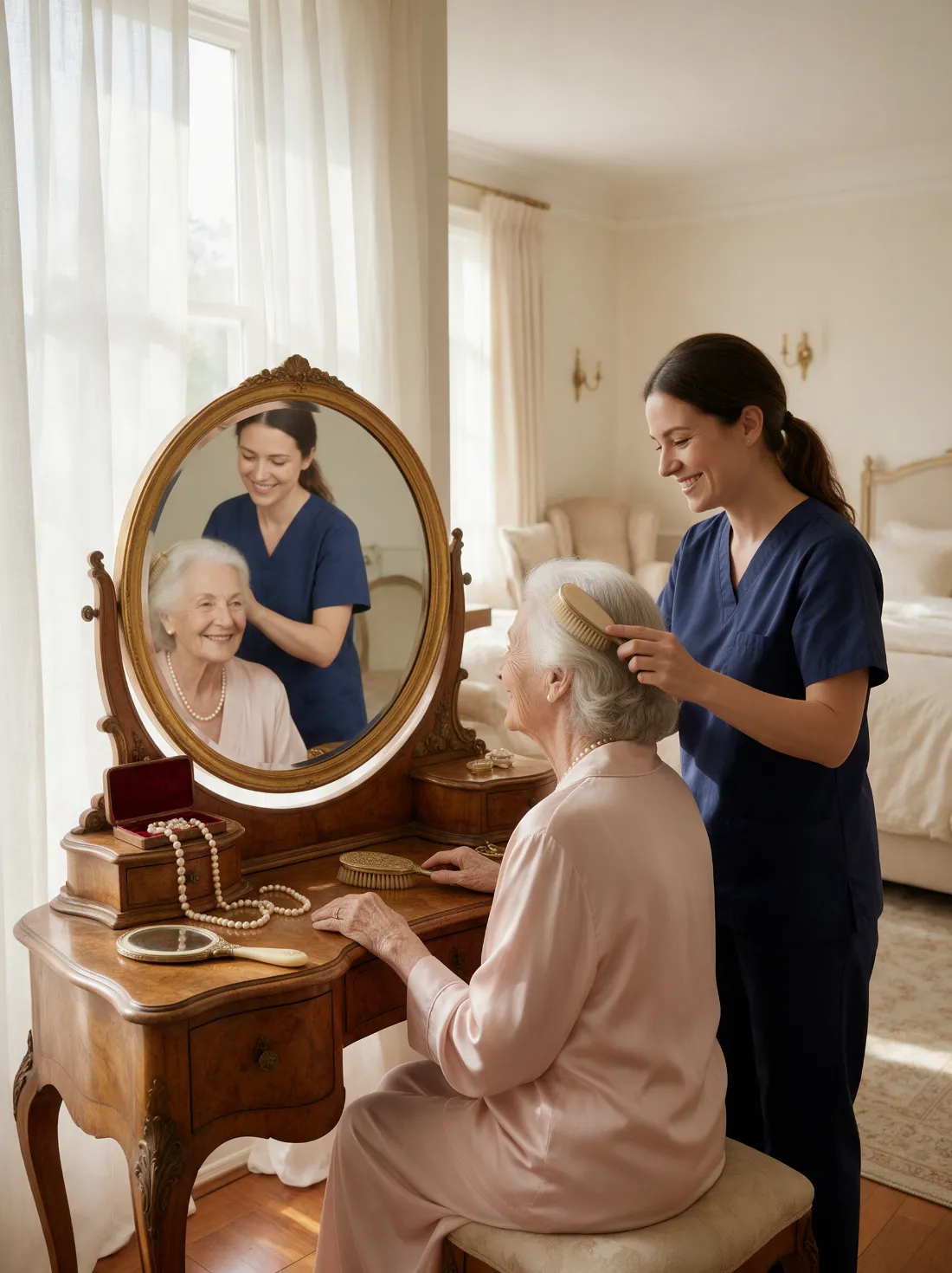 CNA gently brushing an elderly woman’s hair at her vanity