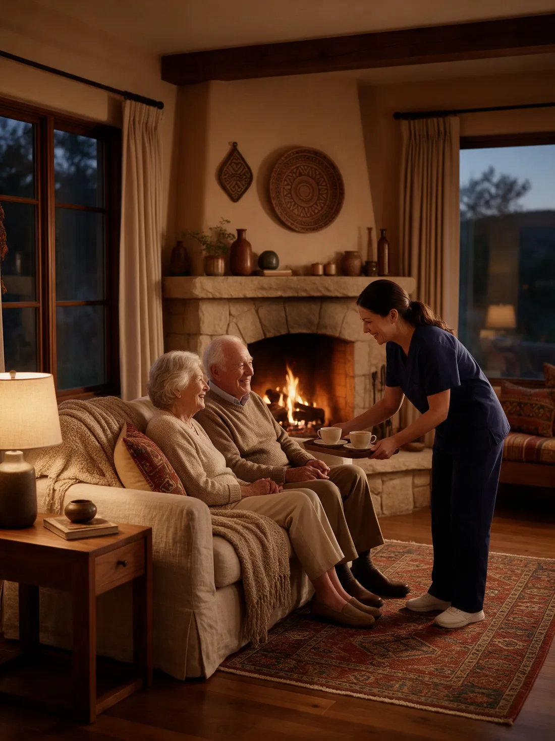 Live-in caregiver bringing tea to an elderly couple by the fireplace