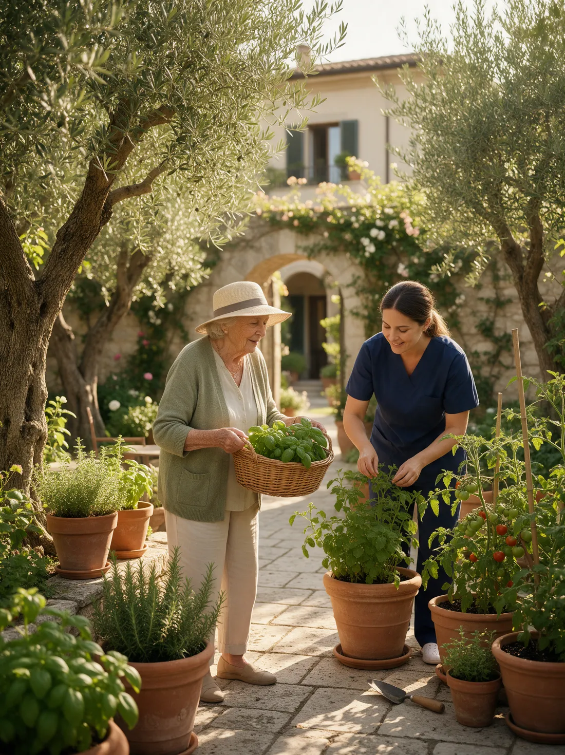Elderly woman and CNA tending herbs in a kitchen garden