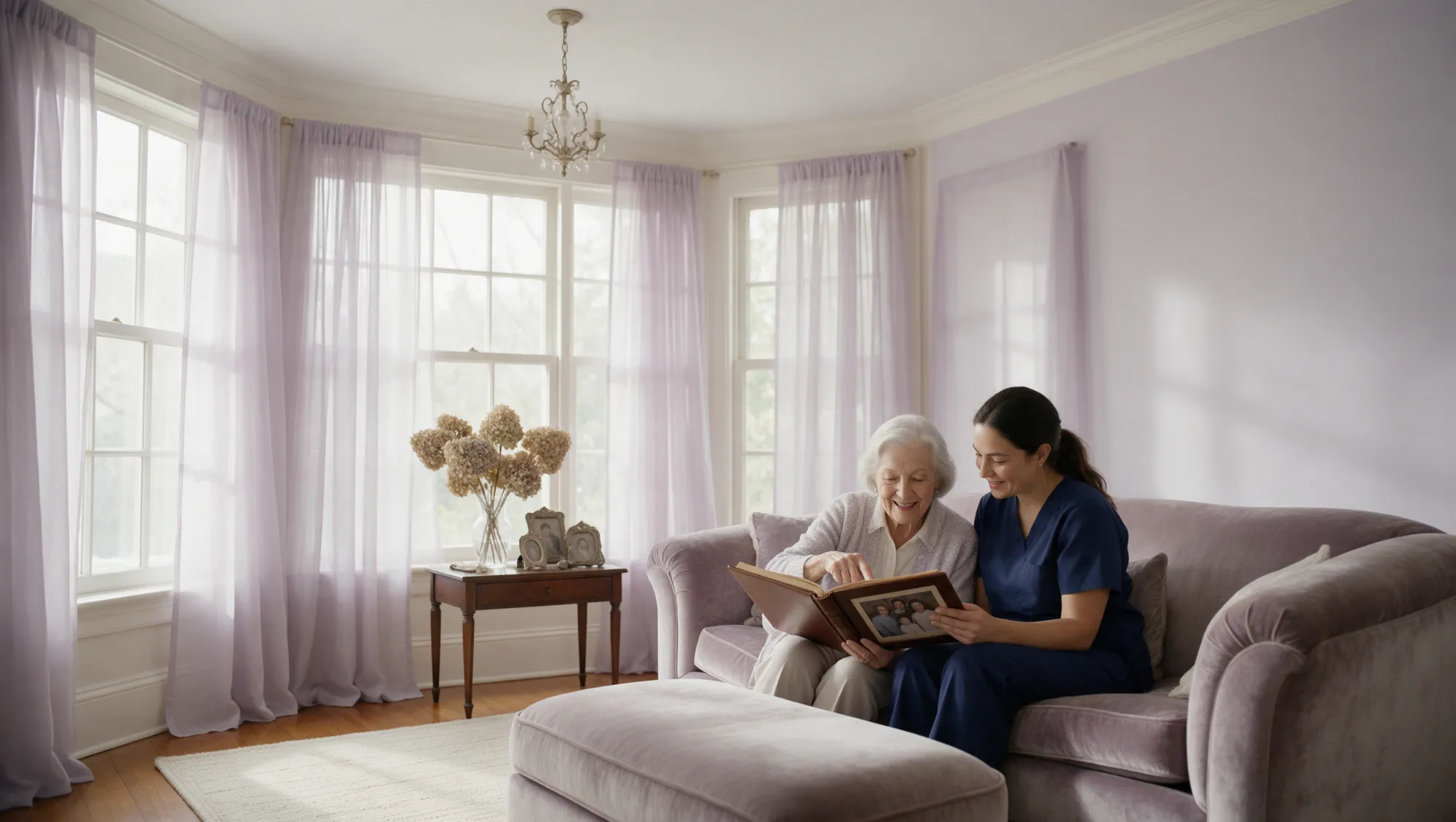 CNA and an elderly woman looking through a family photo album