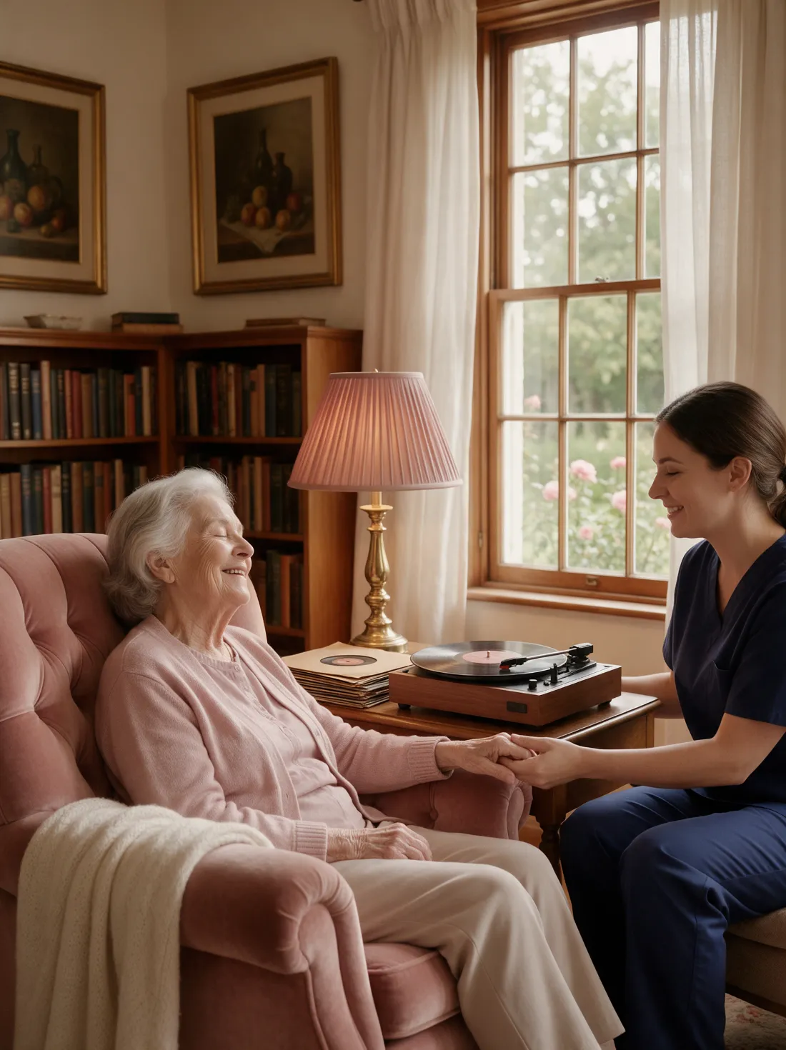 CNA and elderly woman listening to a record player together