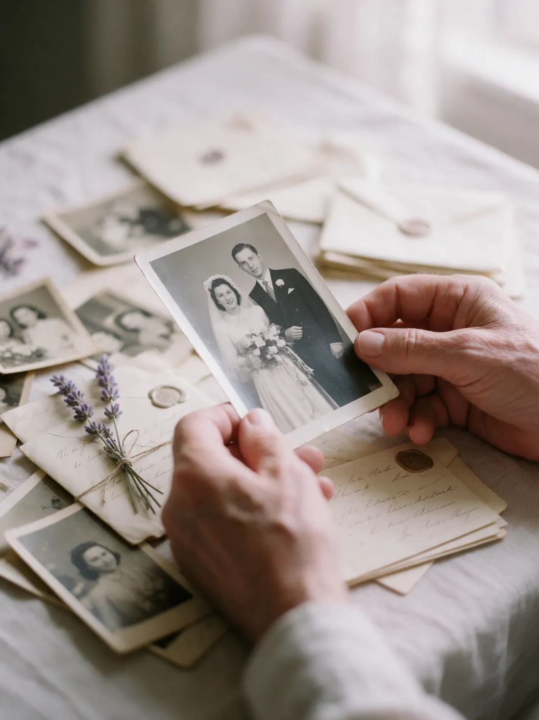 Hands holding a vintage wedding photograph