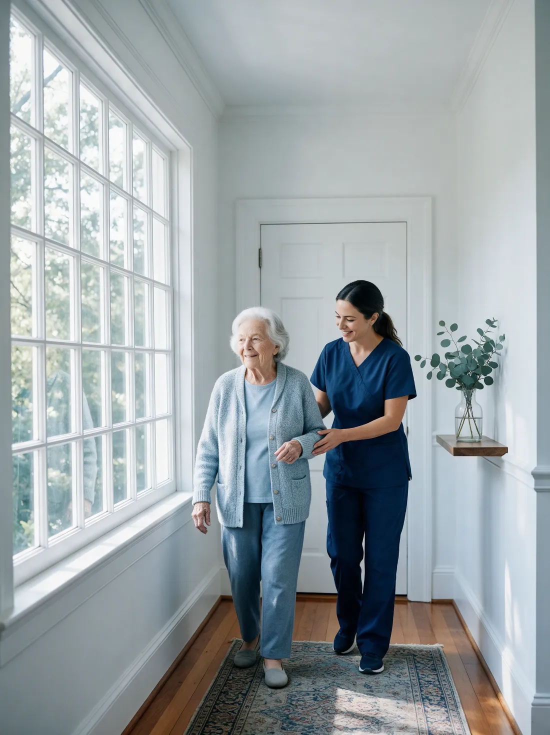 CNA supporting an elderly woman on a steady walk down a bright hallway