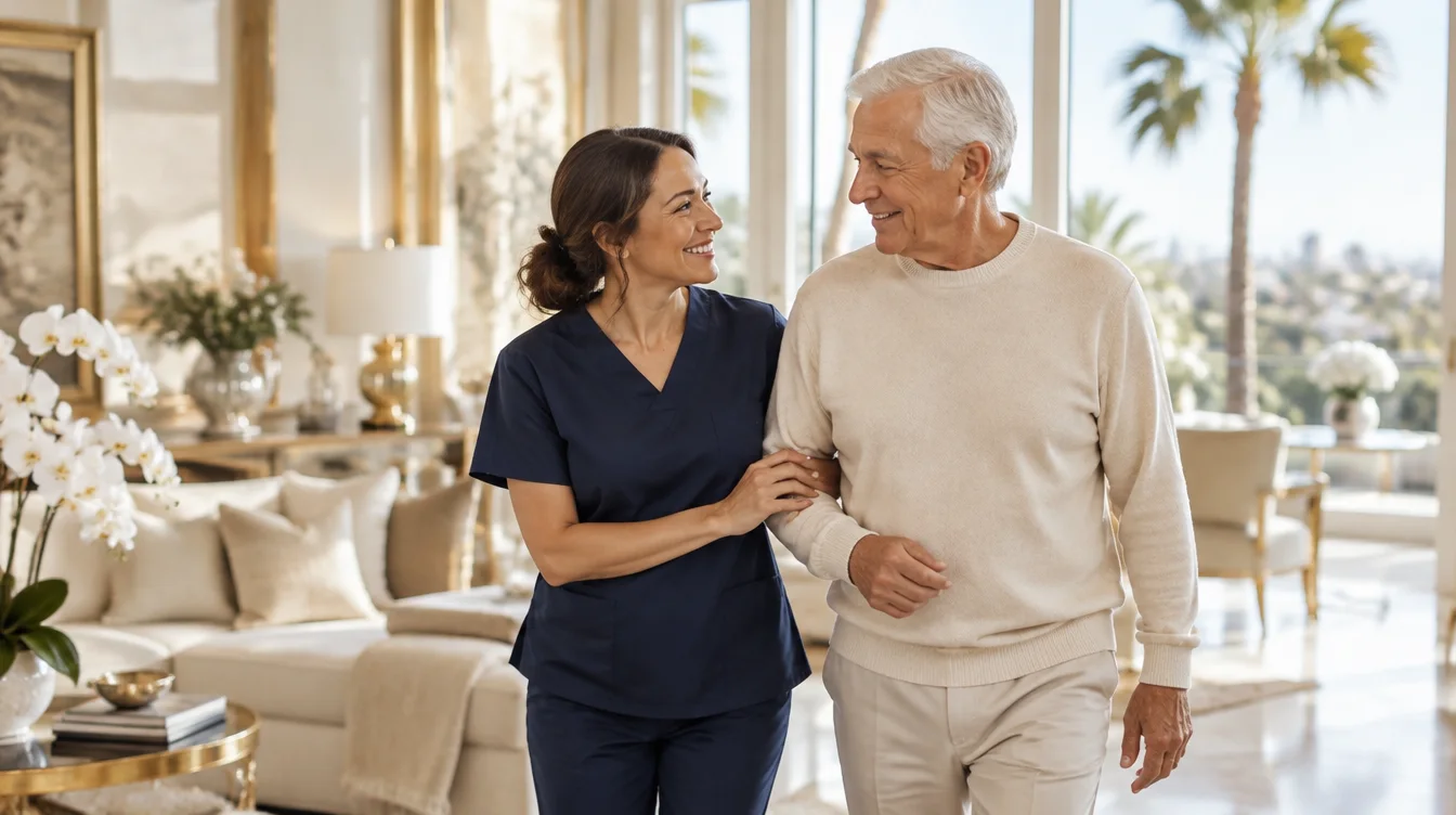 Premium Care caregiver walking arm in arm with a senior client at home