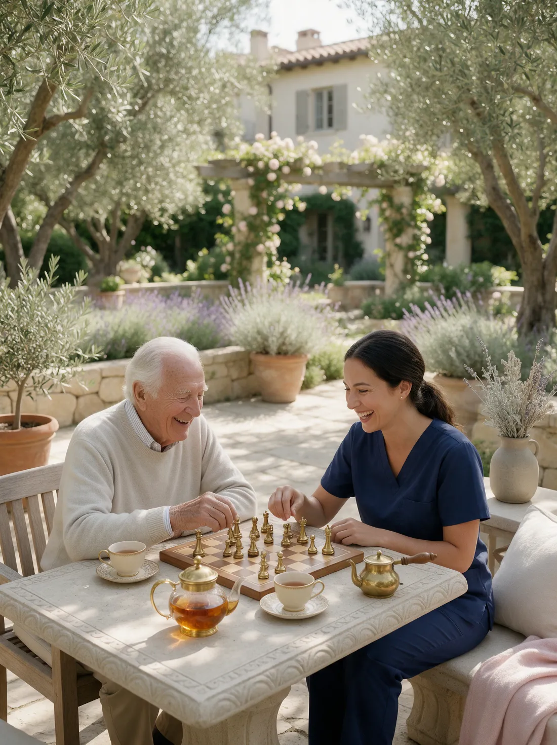 A Premium Care CNA sharing tea and chess with an elderly gentleman on a garden terrace